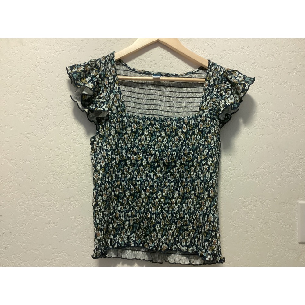 Old Navy Smocked Flutter Sleeve Blouse Women Large Multicolor Floral Square Neck